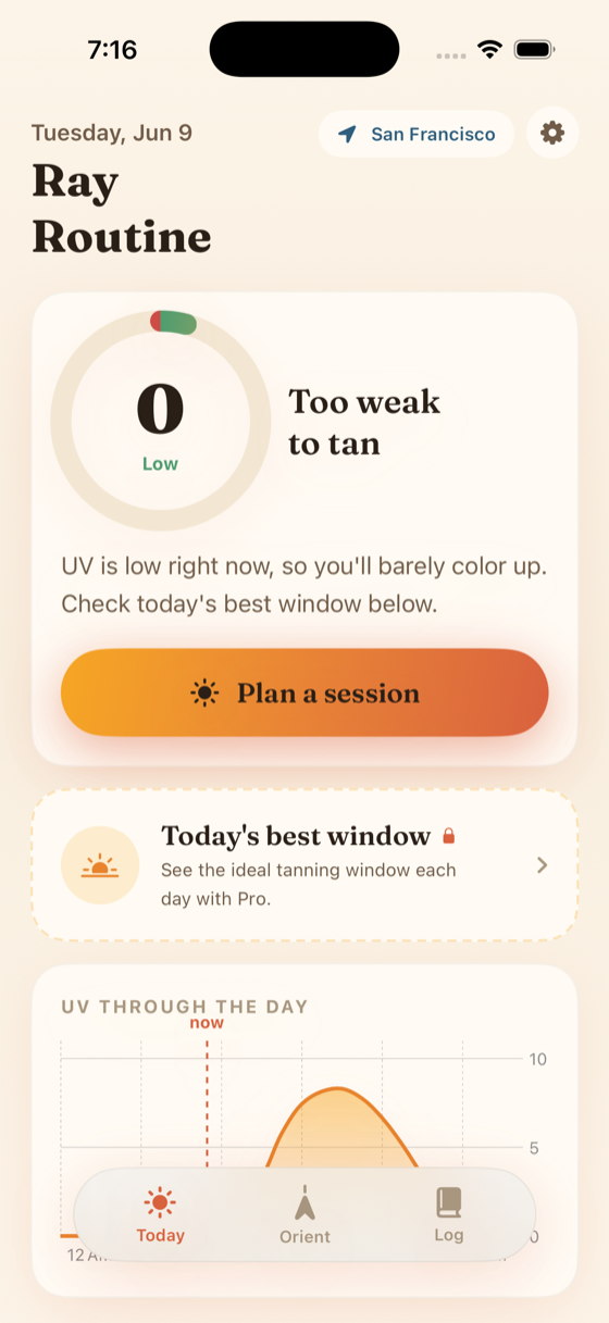 Ray Routine home screen showing the current UV index and whether it's a good time to tan