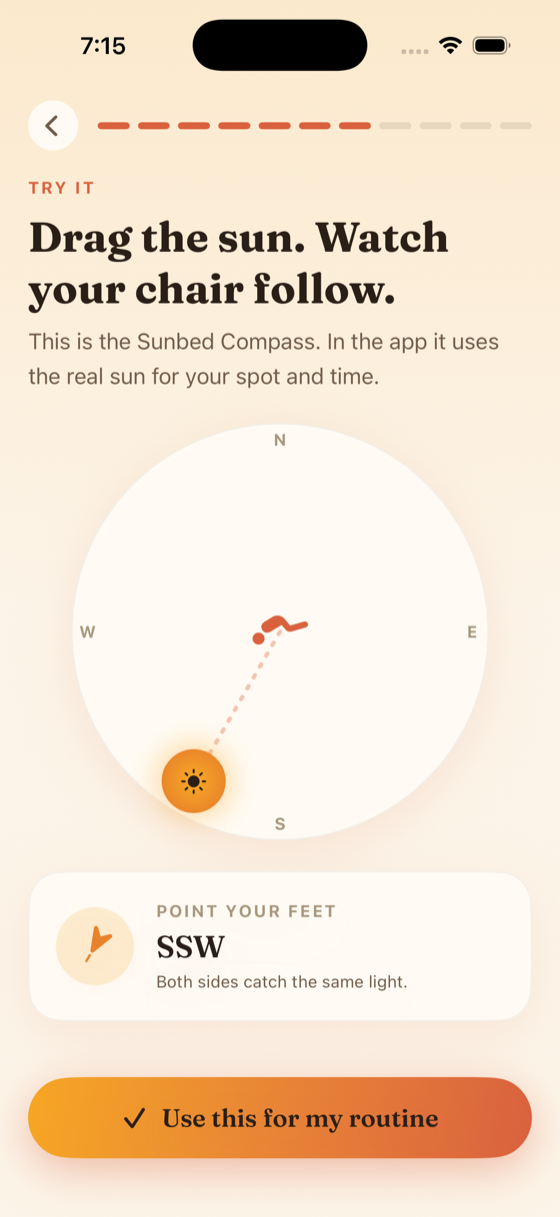 The Sunbed Compass screen guiding which direction to point your chair