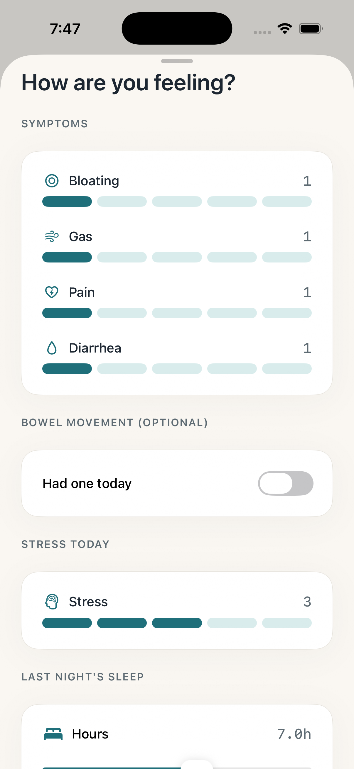 Reintro symptom logging screen