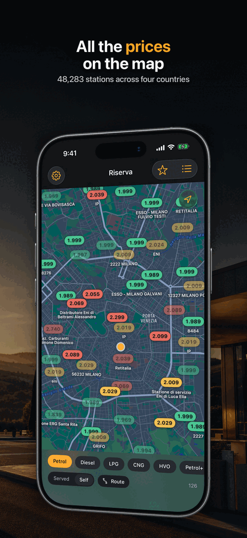 Map of Milan with the price printed on every filling station
