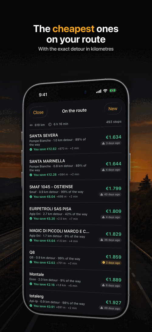 Cheapest stations along a long drive, each with its detour