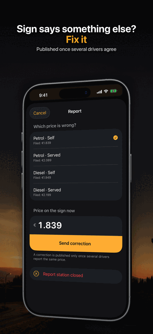 Screen for reporting a price that differs from the one on the sign