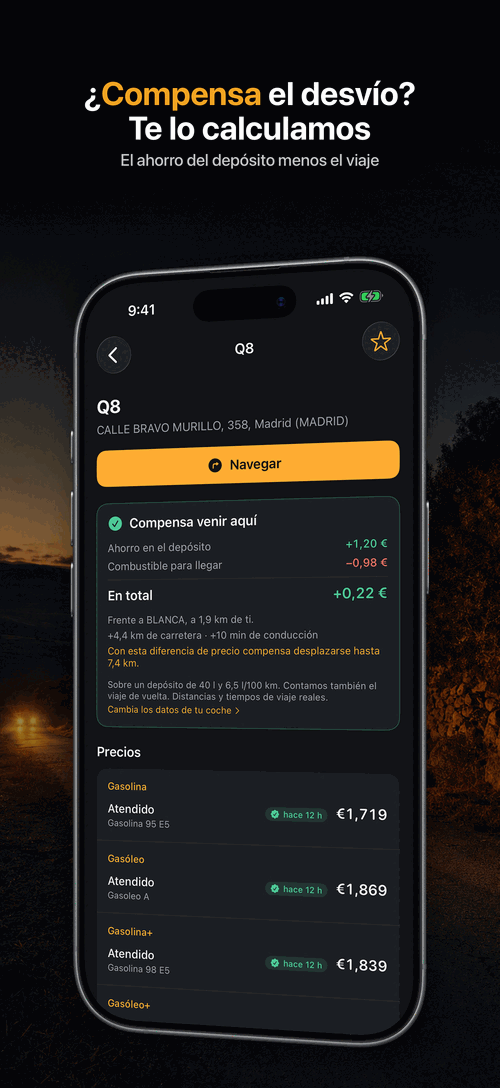Ficha de una gasolinera calculando si el desvío compensa
