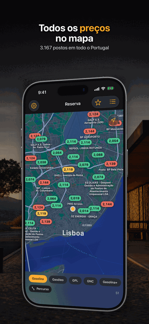 Mapa de Lisboa com o preço escrito em cada posto de combustível
