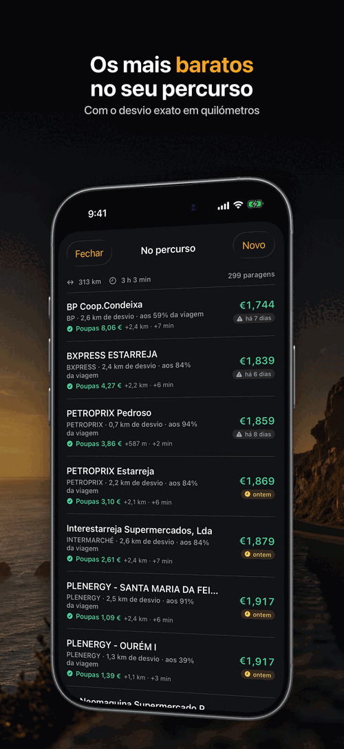 Postos mais baratos ao longo de uma viagem longa, com o desvio de cada um