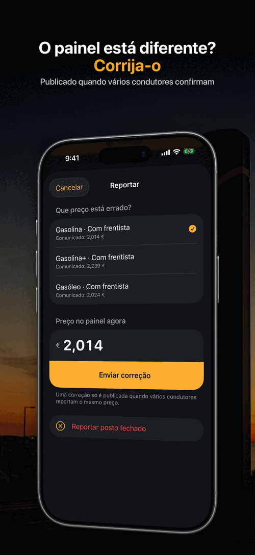 Ecrã para reportar um preço diferente do que está no painel