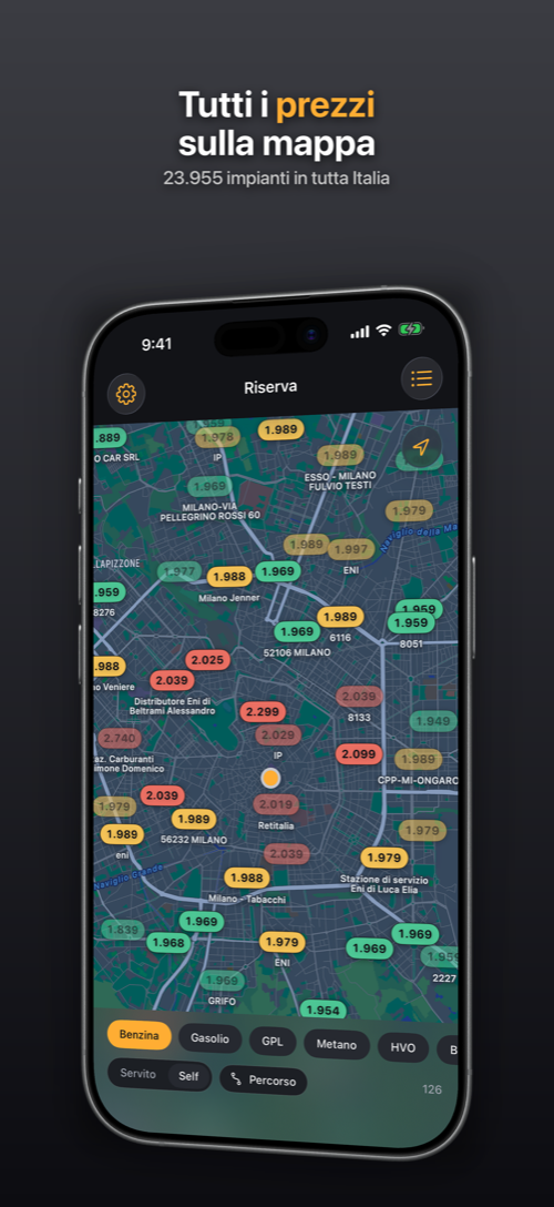 Mappa di Milano con il prezzo scritto su ogni distributore