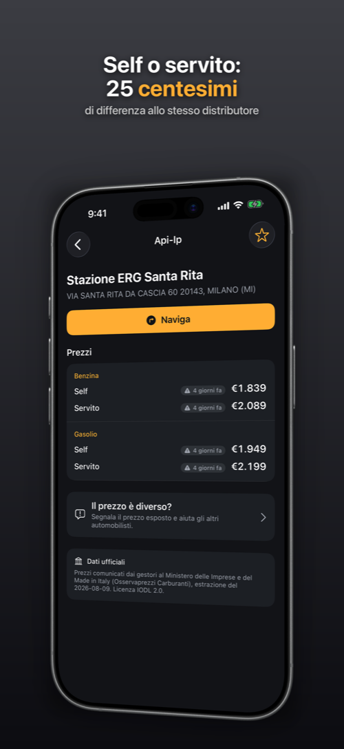 Scheda di un distributore con prezzi self e servito