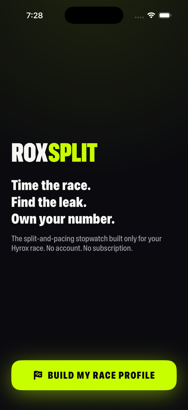 RoxSplit home screen — Time the race, find the leak, own your number, with a Build my race profile button