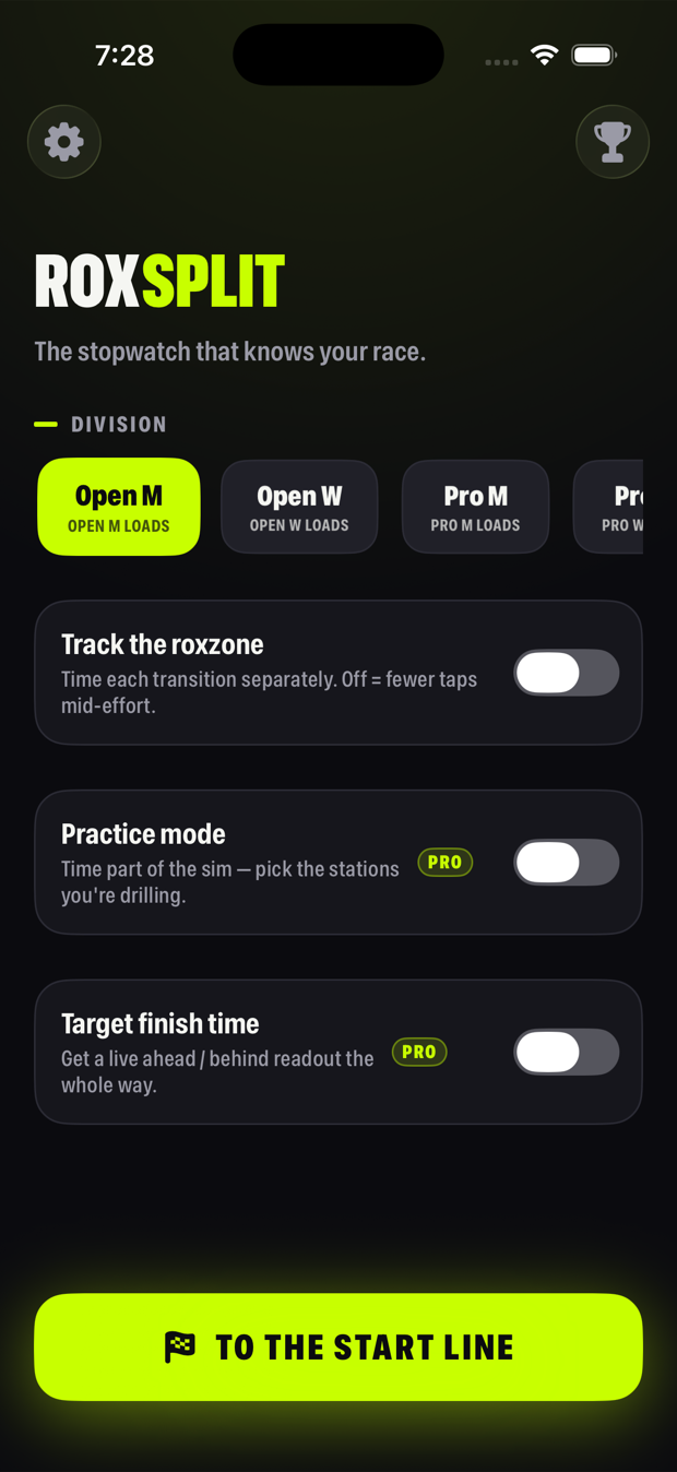 RoxSplit race setup — division presets and toggles for roxzone tracking, practice mode and target finish time