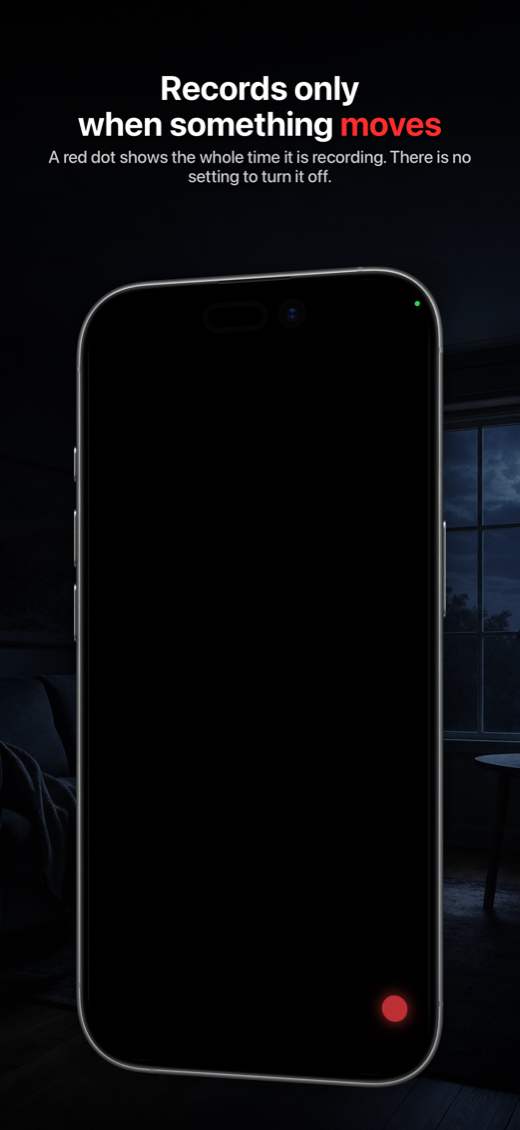 Sentry recording: a black screen with a red recording dot in the corner, on a phone resting in a dark room