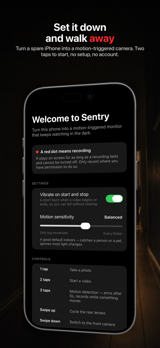 Sentry settings screen showing motion sensitivity and a frequently asked questions list