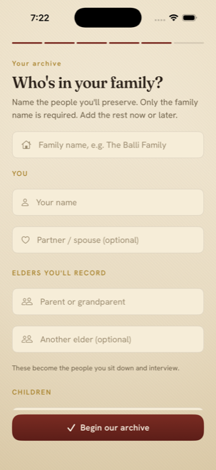 Tapestry roster screen asking who is in your family, with fields for you, a partner, and elders to record