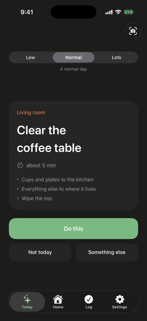 The Today card showing a single chore with its steps and an estimated time
