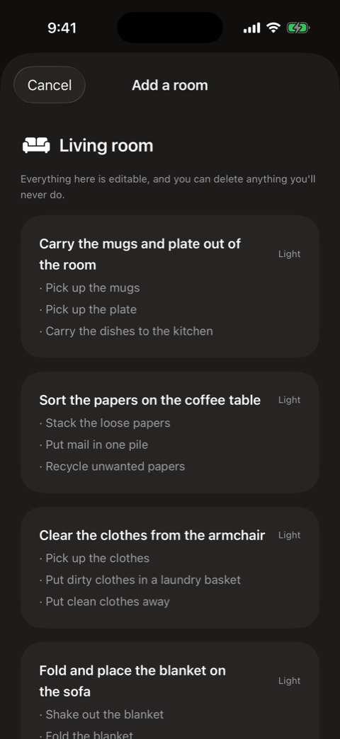A room plan generated from a photo, listing chores with steps