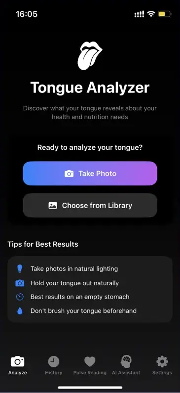 TongueAnalyzer app assessing a fissured cracked tongue pattern and depth