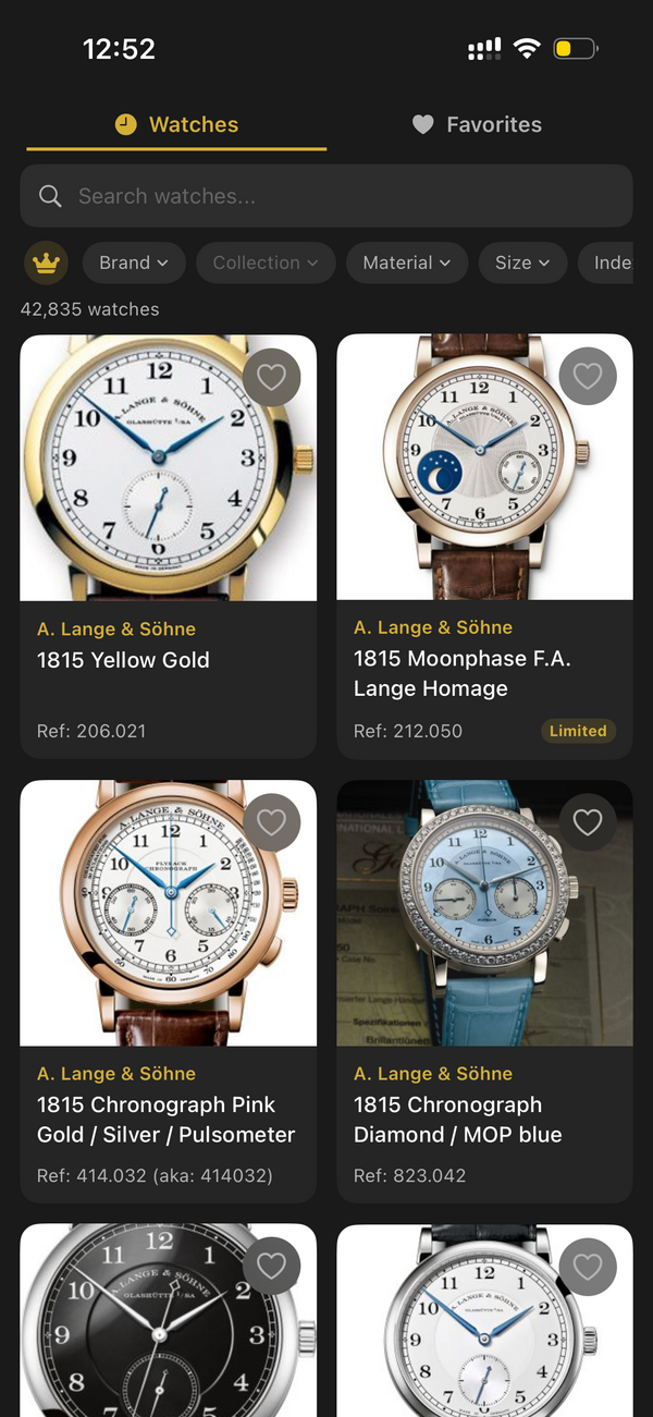 Horology Database catalog grid