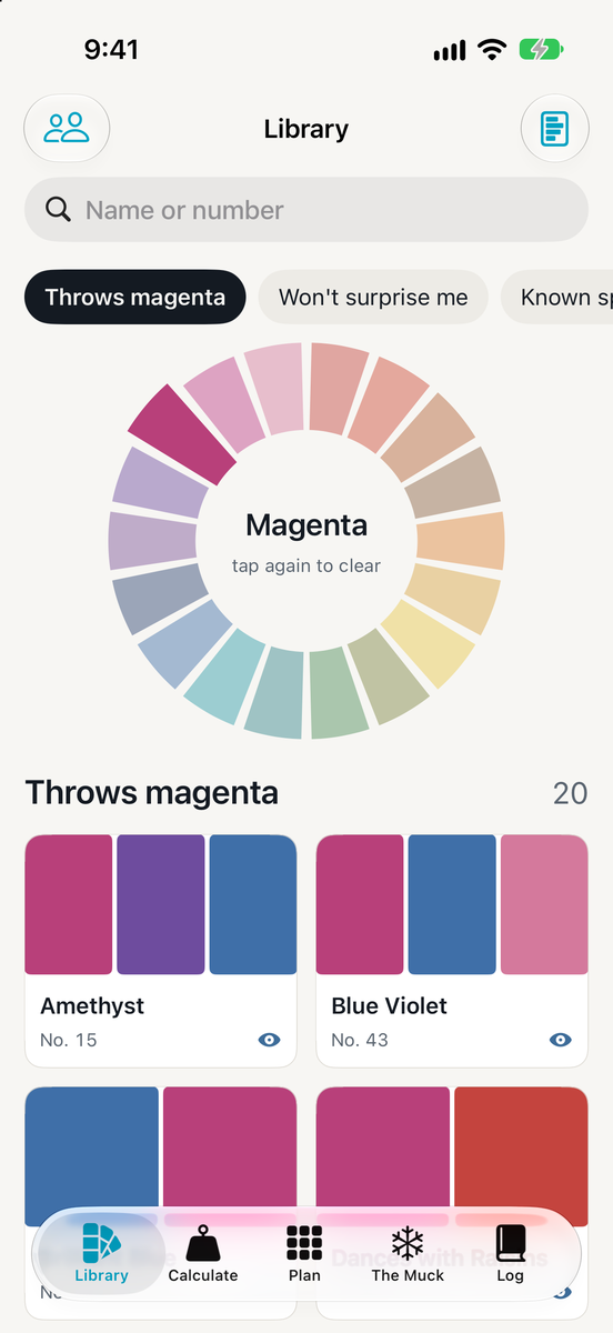 Color library of Procion dyes across suppliers, filterable by which bands they throw