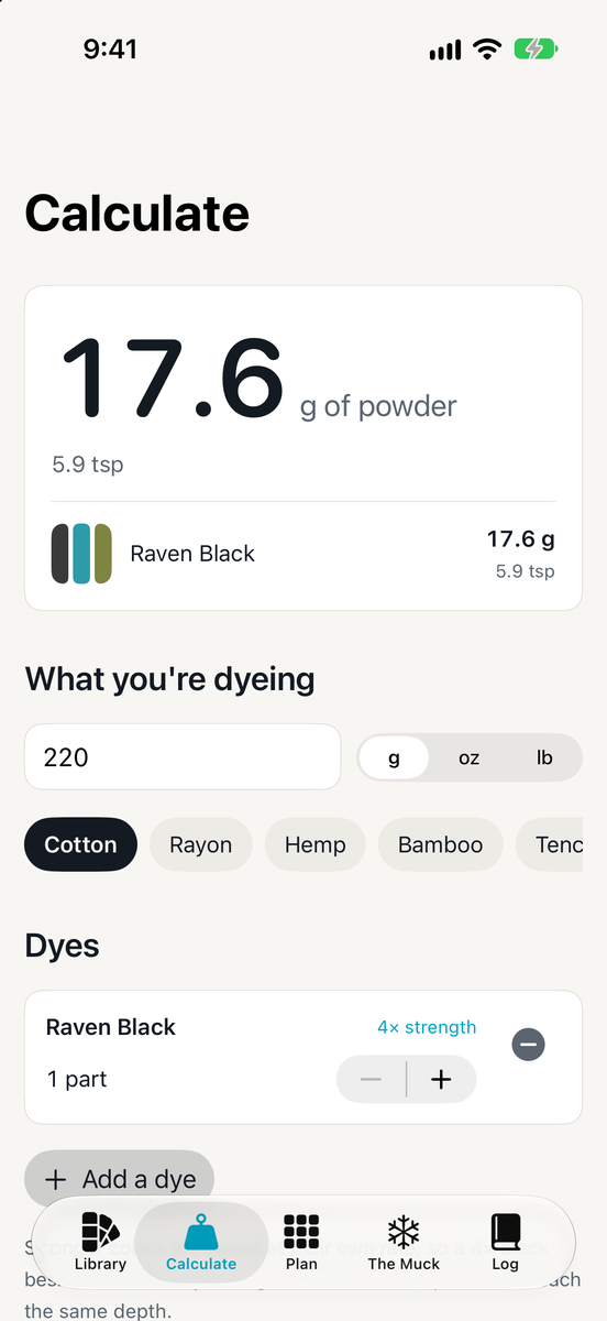 Dye calculator screen with grams of powder, soda ash and ice for a chosen weight of fabric
