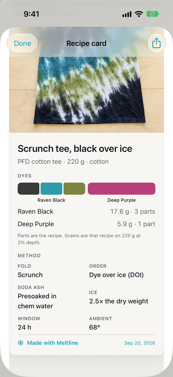 Shareable recipe card with dye list, fold, ice ratio and batch time
