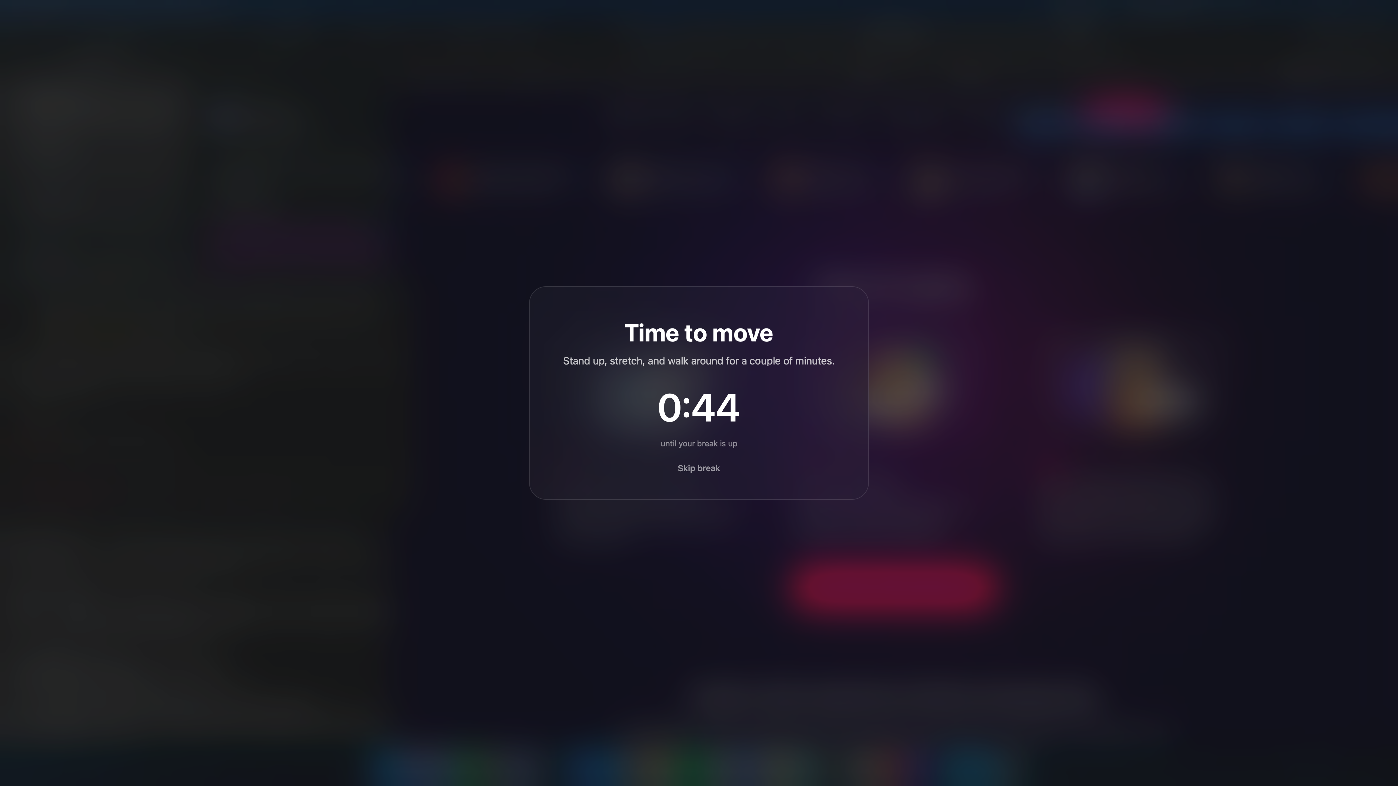The move-reminder overlay frosting the screen with a Time to move card and countdown
